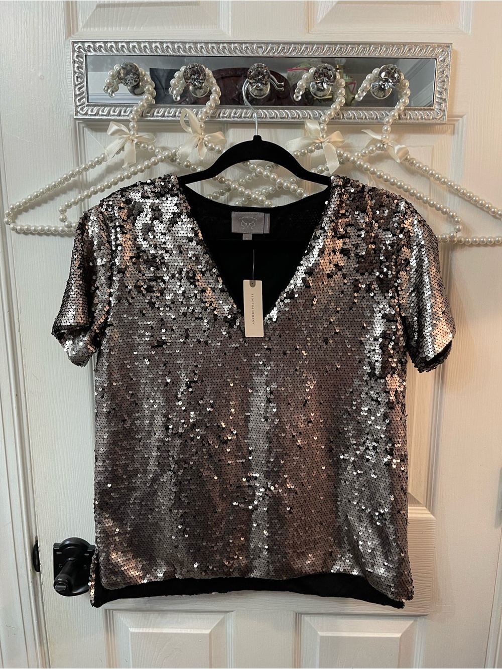 Anthropologie Silver Sequin V-Neck Short Sleeve Top
